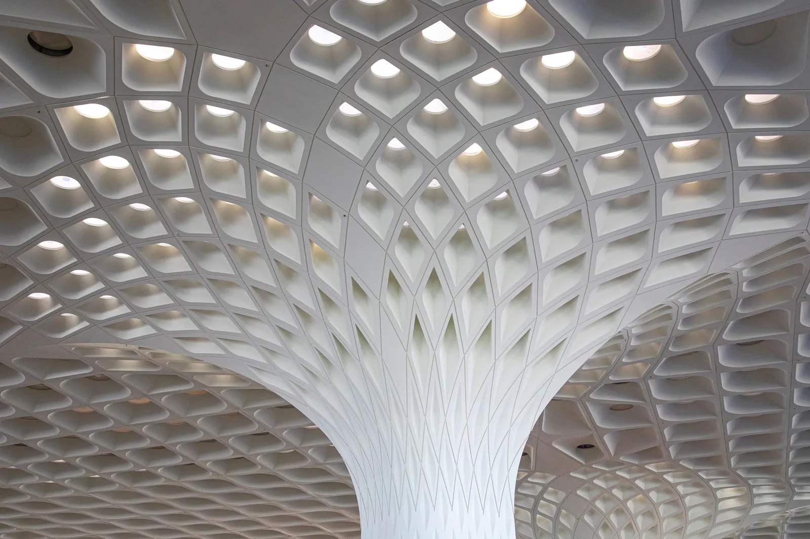 The sculpted ceiling of Mumbai airport’s Terminal 2