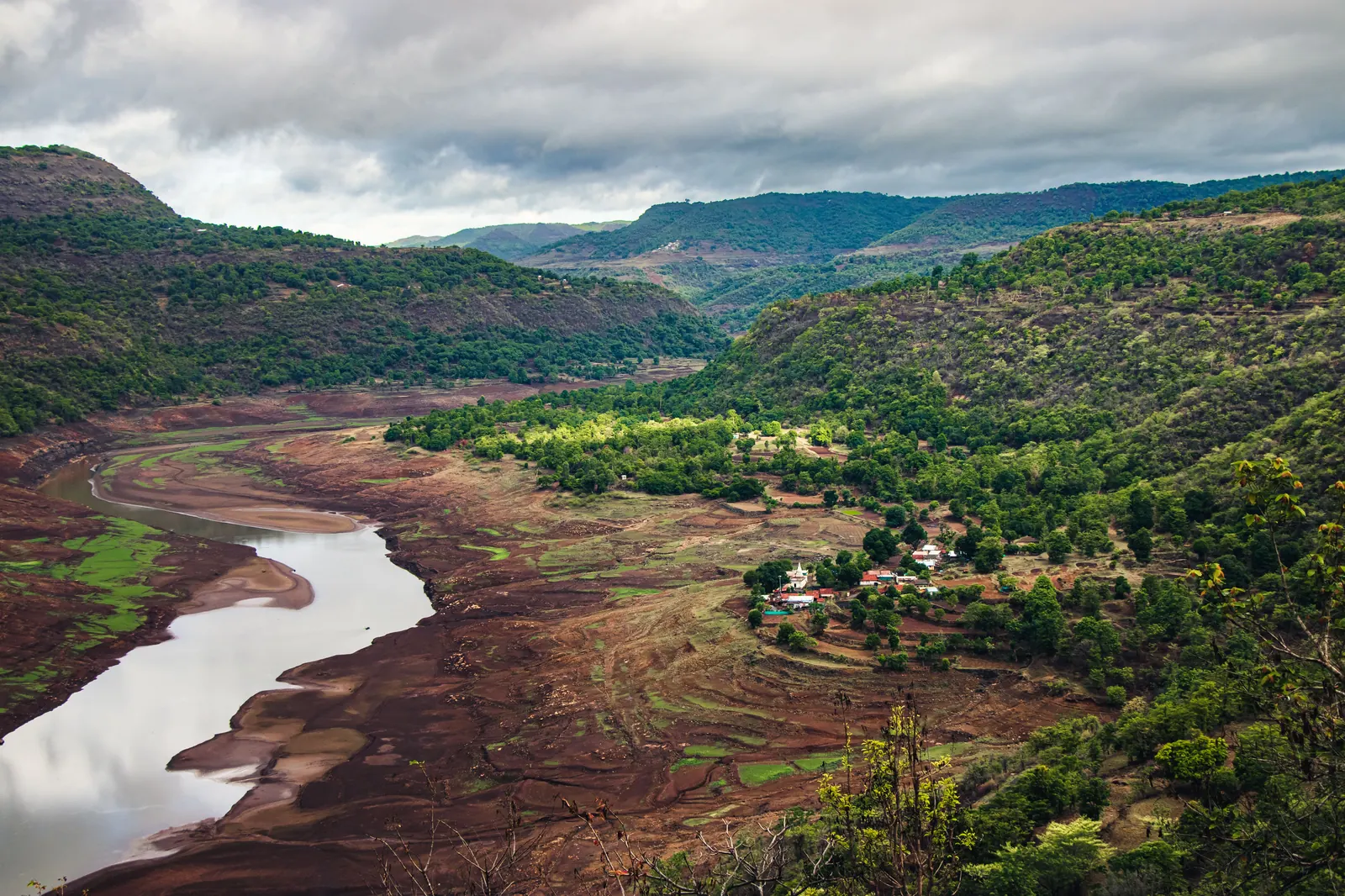 Green mountains and river at Bhimashankar from the air